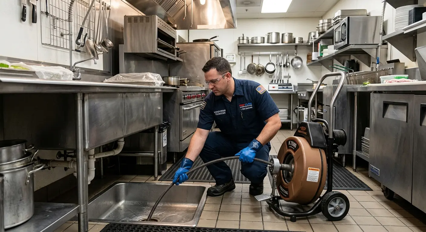 Commercial drain cleaning service in a restaurant kitchen in Boxborough