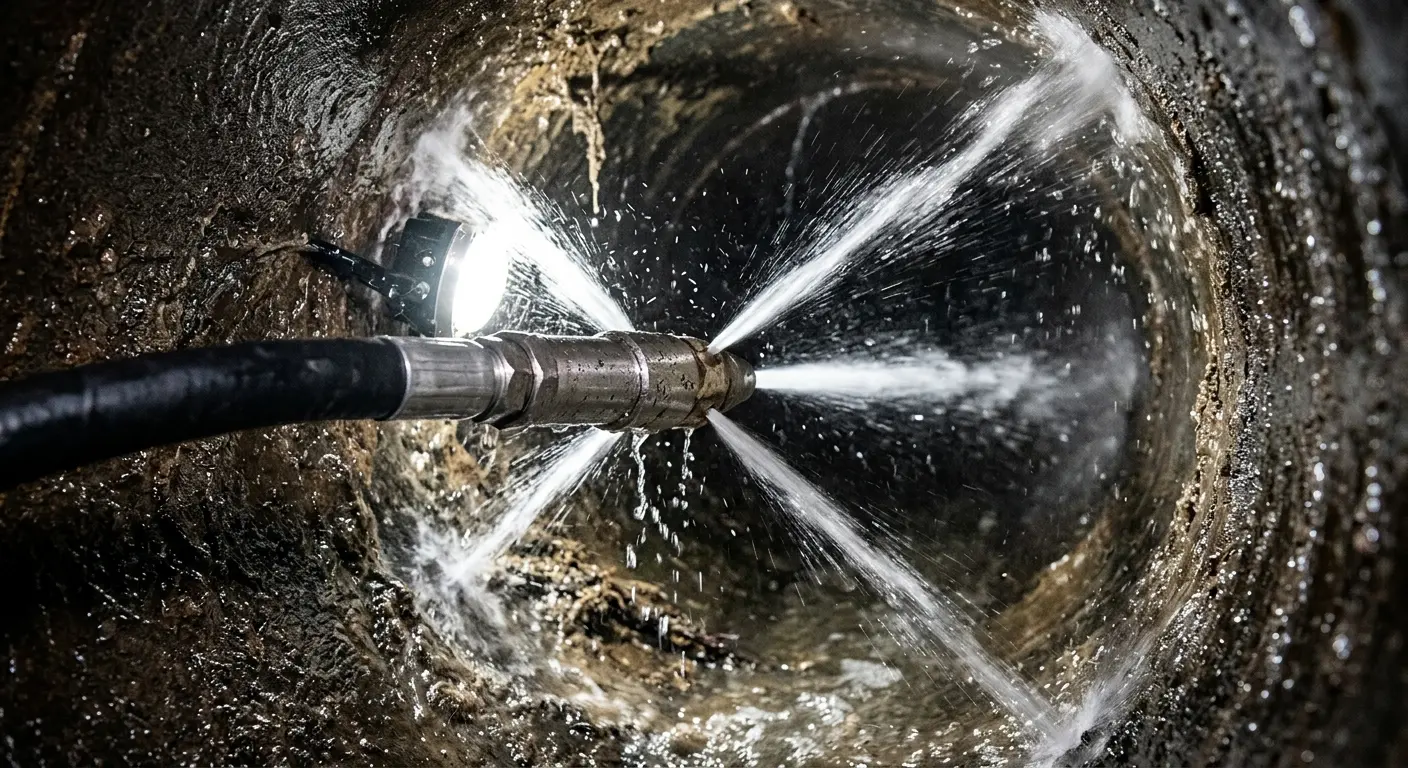 High-pressure hydro jetting nozzle cleaning sewer pipe for Sewer Line Relining in Boxborough