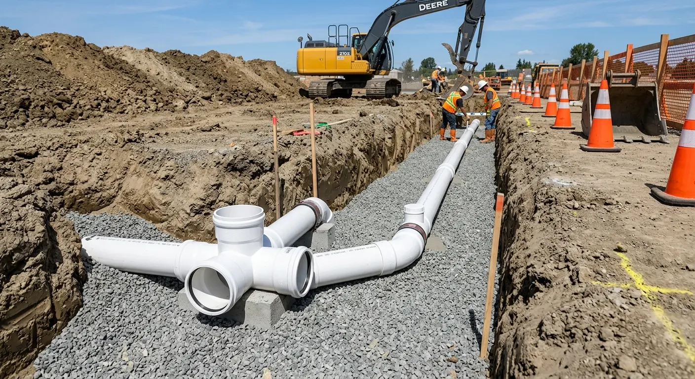 New PVC sewer pipe installation in open trench for Commercial Drain Cleaning in Boxborough