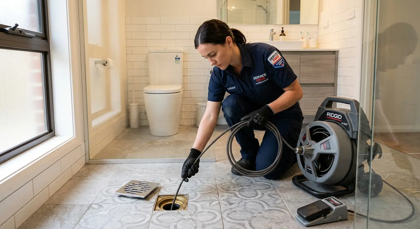 Technician clearing a bathroom floor drain for Drain Repair in Boxborough